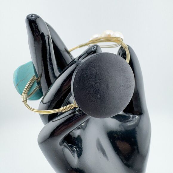 Bohemian Wire Wrapped Bracelet Turquoise Color Stone Wood Faux Pearl Bangle - Picture 3 of 9